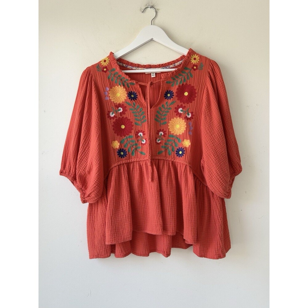 Umgee Cotton Gauze Floral Embroidery Baby Doll Top Size 2XL Orange Comfy Spring - Picture 1 of 9